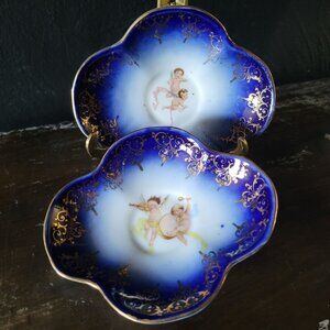 Pair of Antique Victoria Carlsbad Dishes Cherub Flow Blue with Gold Detailing